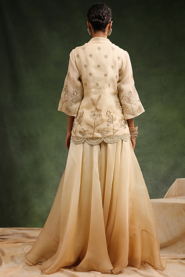 Beige Satin Organza Handwork Wedding Sharara Set by Charu Makkar at Pernia's Pop Up Shop