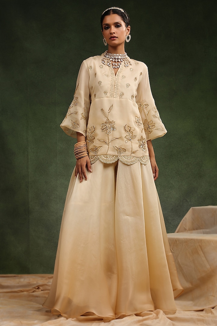 Beige Satin Organza Handwork Wedding Sharara Set by Charu Makkar at Pernia's Pop Up Shop