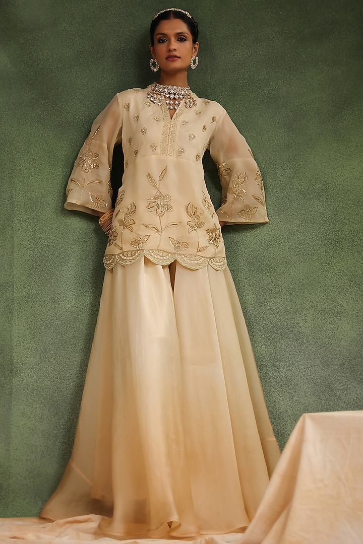 Beige Satin Organza Handwork Wedding Sharara Set by Charu Makkar at Pernia's Pop Up Shop
