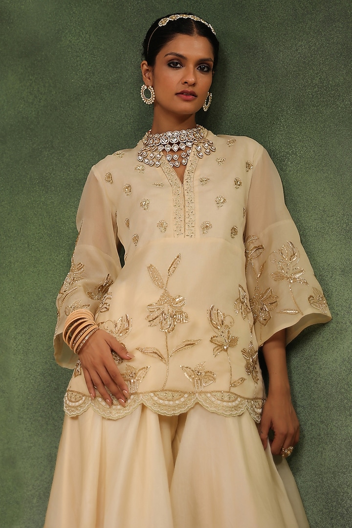 Beige Satin Organza Handwork Wedding Sharara Set by Charu Makkar at Pernia's Pop Up Shop