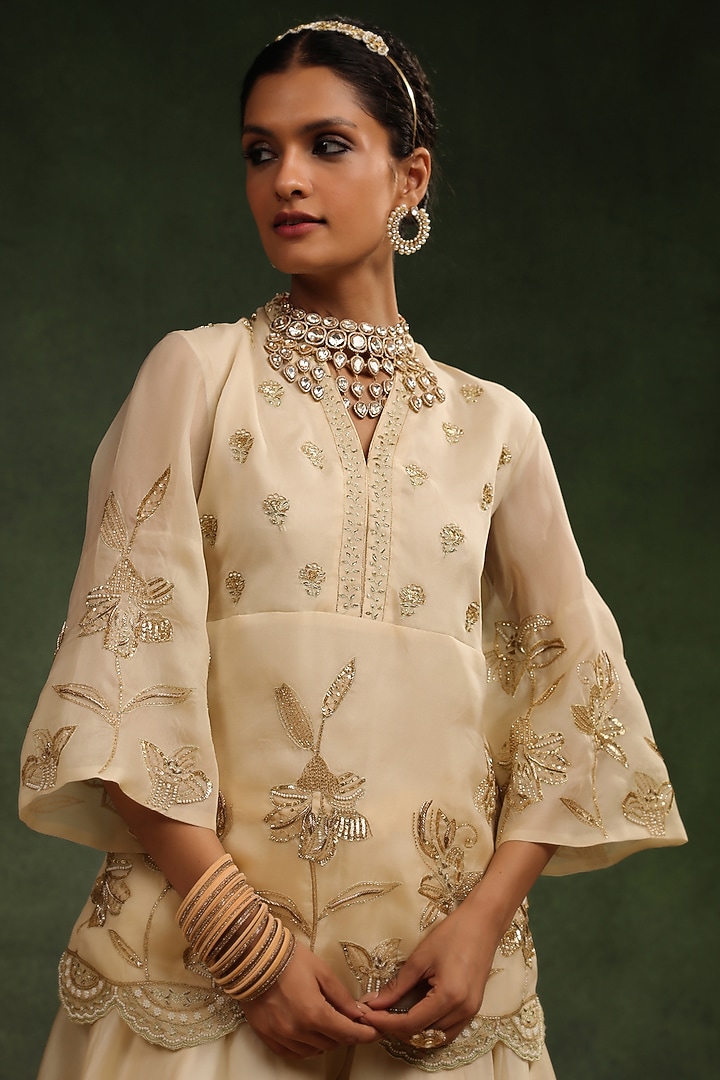Beige Satin Organza Handwork Wedding Sharara Set by Charu Makkar at Pernia's Pop Up Shop