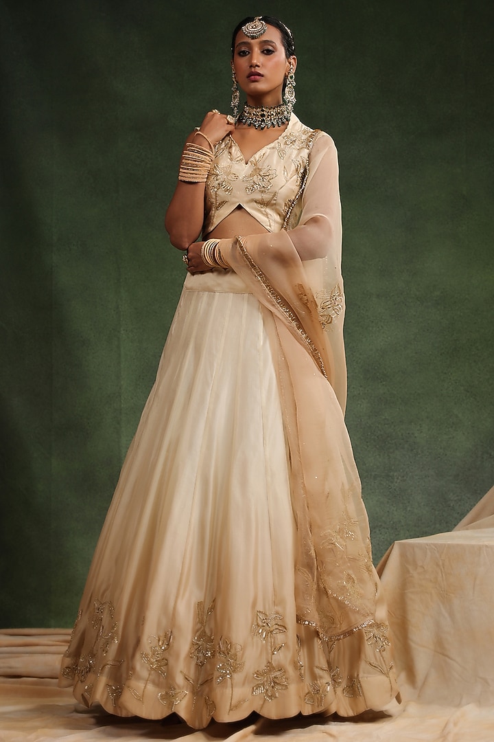 Beige Italian Silk Organza Hand Embroidered Ombre Bridal Lehenga Set by Charu Makkar at Pernia's Pop Up Shop