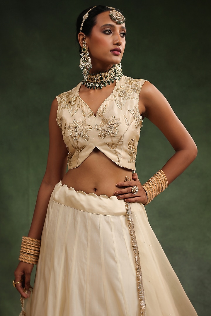 Beige Italian Silk Organza Hand Embroidered Ombre Bridal Lehenga Set by Charu Makkar at Pernia's Pop Up Shop