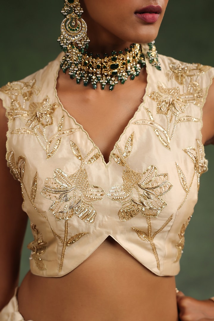 Beige Italian Silk Organza Hand Embroidered Ombre Bridal Lehenga Set by Charu Makkar at Pernia's Pop Up Shop