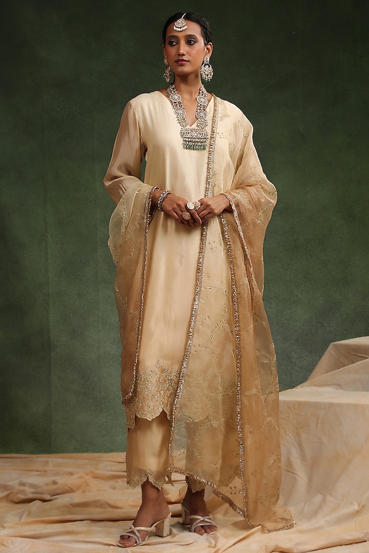 Beige Italian Silk Organza Ombre Kurta Set by Charu Makkar at Pernia's Pop Up Shop