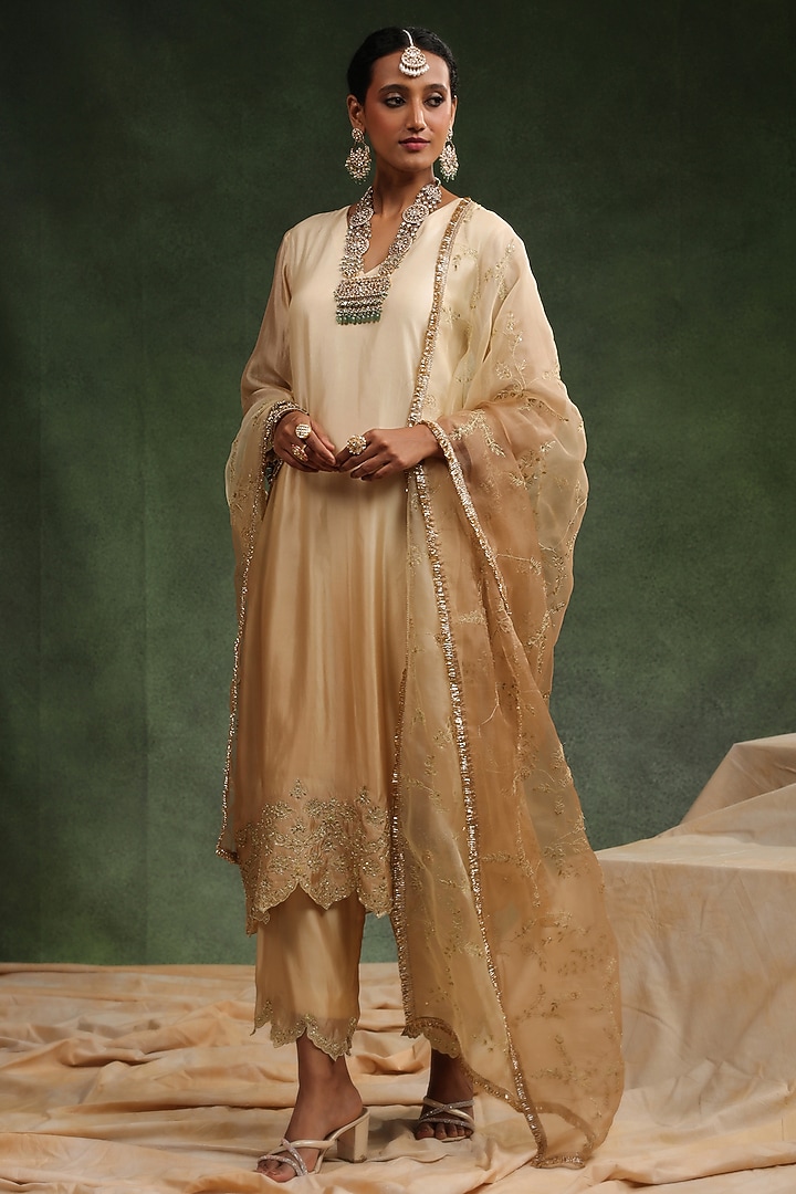 Beige Italian Silk Organza Ombre Kurta Set by Charu Makkar at Pernia's Pop Up Shop