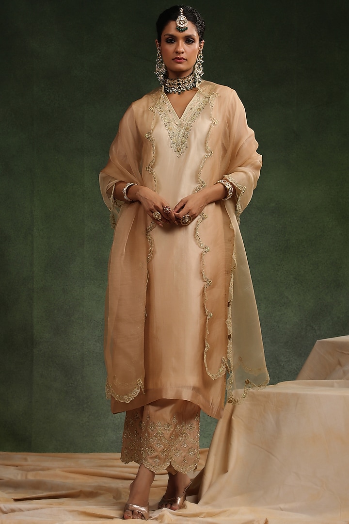 Beige Italian Silk Organza Sequin Work Ombre Kurta Set by Charu Makkar at Pernia's Pop Up Shop