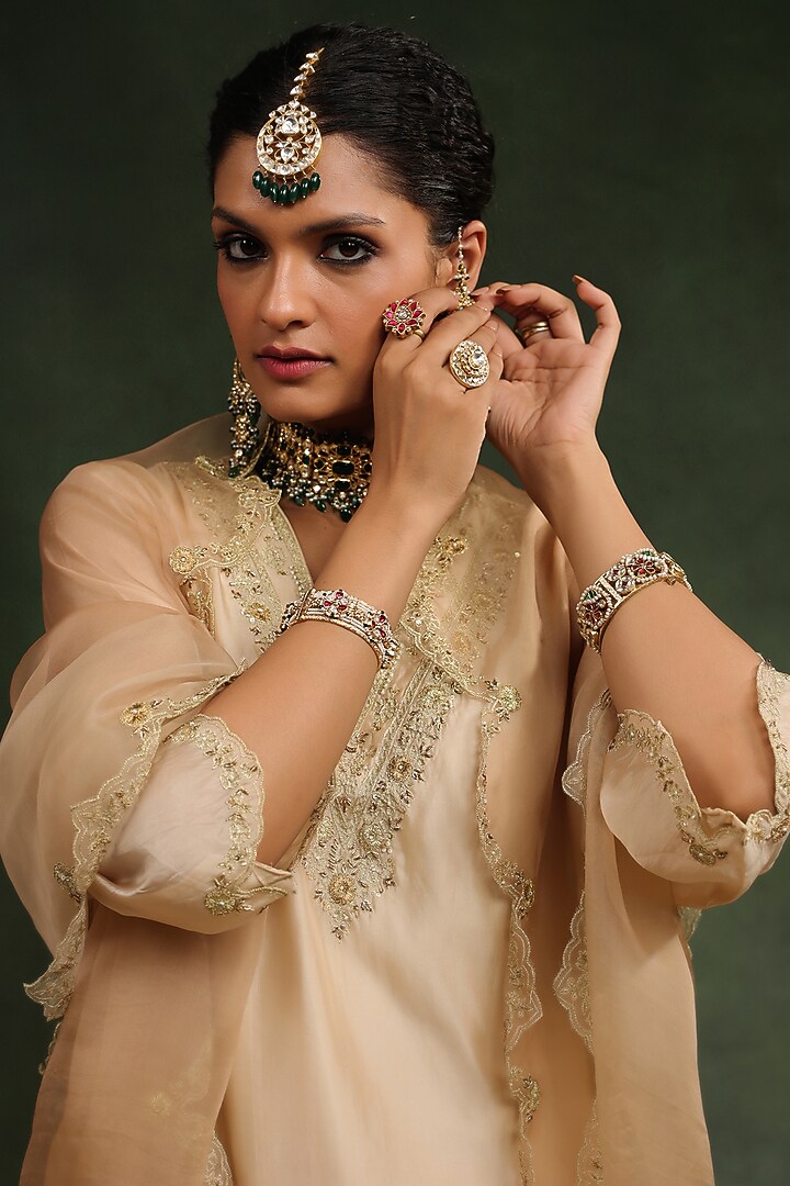 Beige Italian Silk Organza Sequin Work Ombre Kurta Set by Charu Makkar at Pernia's Pop Up Shop