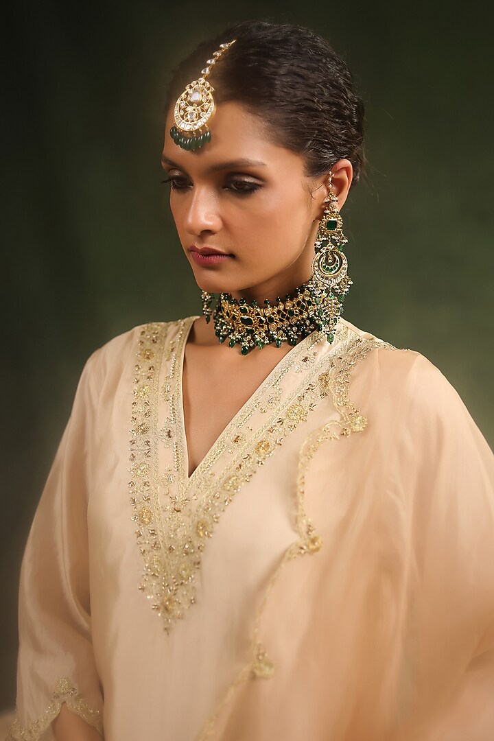 Beige Italian Silk Organza Sequin Work Ombre Kurta Set by Charu Makkar at Pernia's Pop Up Shop