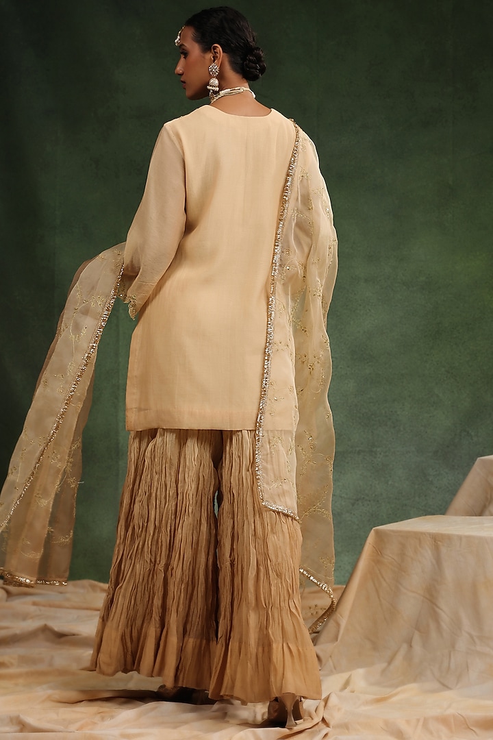 Beige Italian Silk Organza Cutwork Wedding Sharara Set by Charu Makkar at Pernia's Pop Up Shop