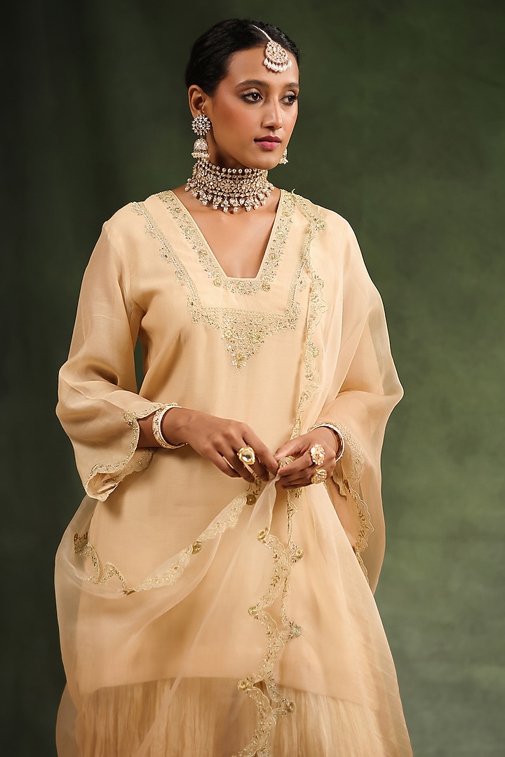 Beige Italian Silk Organza Cutwork Wedding Sharara Set by Charu Makkar at Pernia's Pop Up Shop