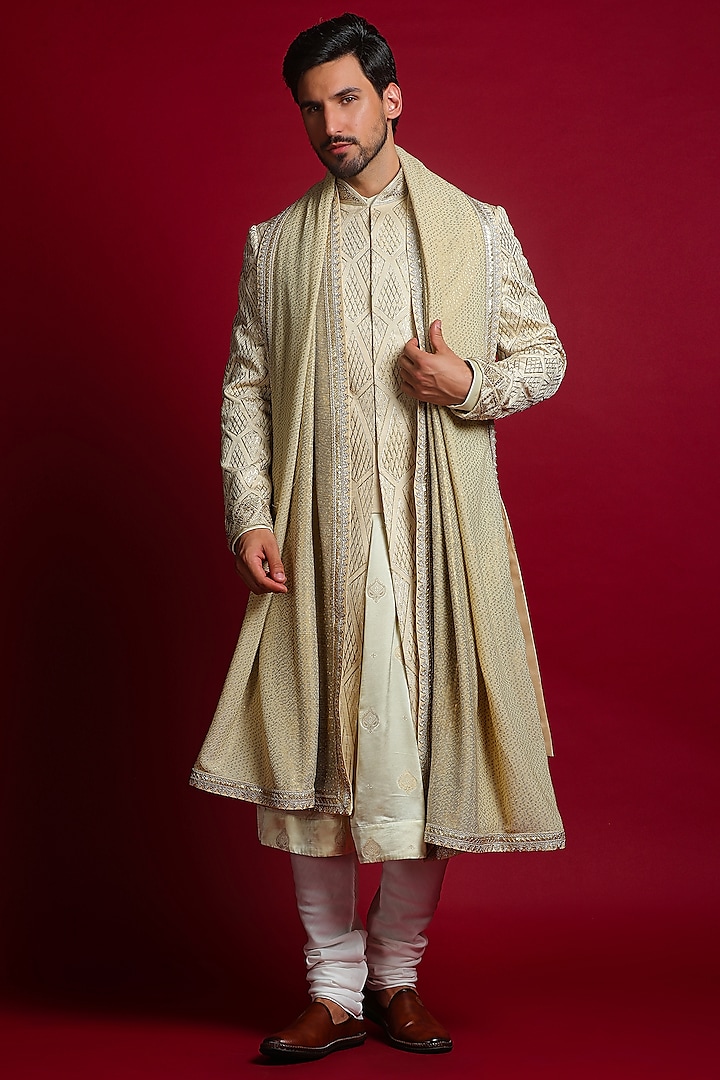 Beige Linen Silk Sequins & Dabka Embellished Sherwani Set by Char Chaand