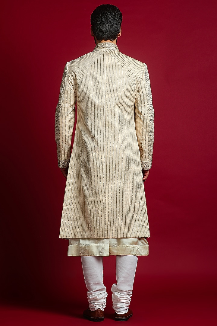 Beige Linen Silk Sequins & Dabka Embellished Groom Sherwani Set by Char Chaand at Pernia's Pop Up Shop