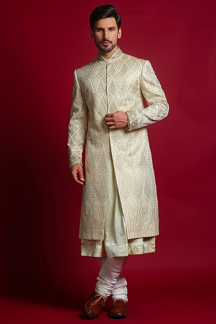 Beige Linen Silk Sequins & Dabka Embellished Groom Sherwani Set by Char Chaand at Pernia's Pop Up Shop