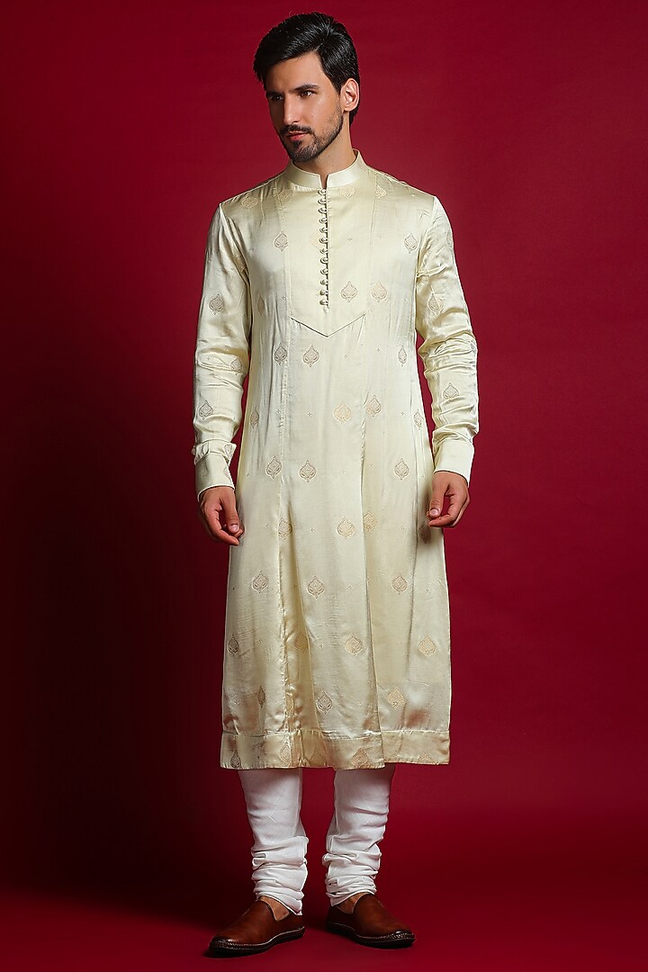 Beige Linen Silk Sequins & Dabka Embellished Groom Sherwani Set by Char Chaand at Pernia's Pop Up Shop