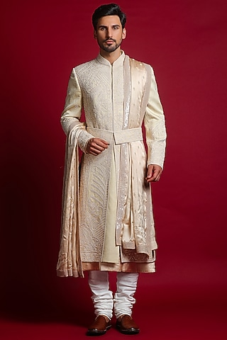 Pastel Green Linen Silk Aari & Bead Embroidered Sherwani Set by Char Chaand