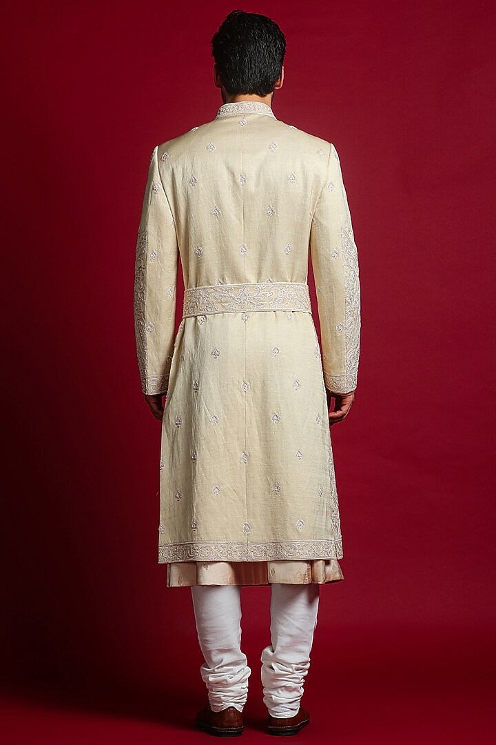 Pastel Green Linen Silk Aari & Bead Embroidered Groom Sherwani Set by Char Chaand at Pernia's Pop Up Shop