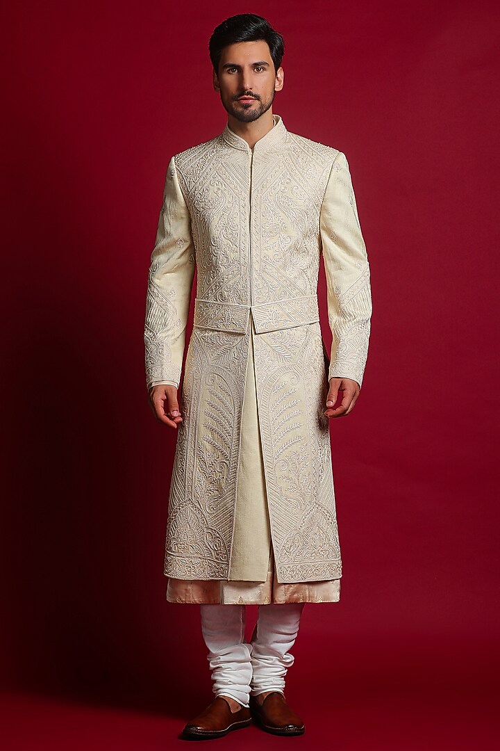 Pastel Green Linen Silk Aari & Bead Embroidered Groom Sherwani Set by Char Chaand at Pernia's Pop Up Shop