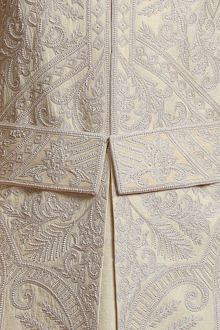 Pastel Green Linen Silk Aari & Bead Embroidered Groom Sherwani Set by Char Chaand at Pernia's Pop Up Shop