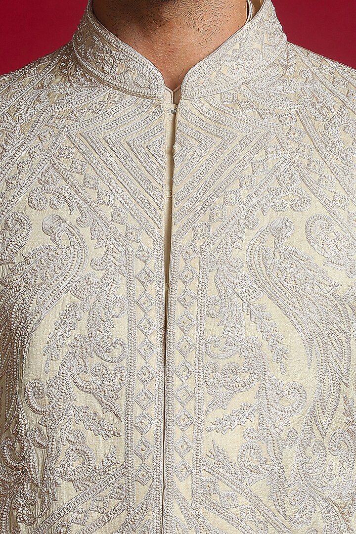 Pastel Green Linen Silk Aari & Bead Embroidered Groom Sherwani Set by Char Chaand at Pernia's Pop Up Shop