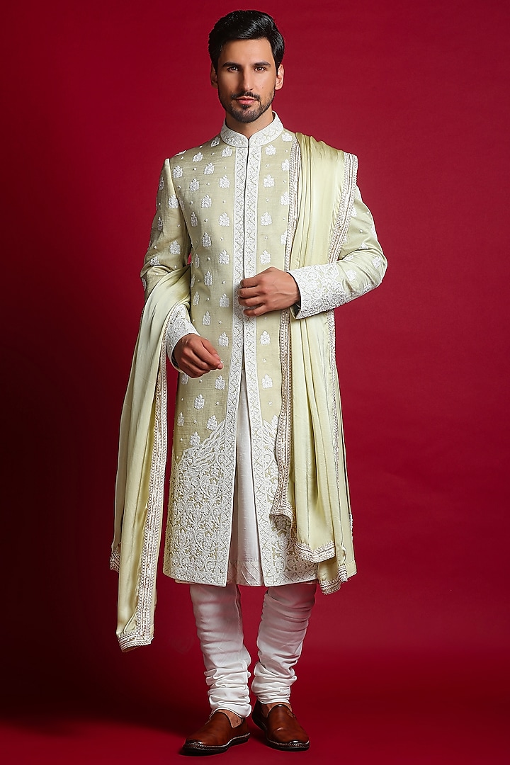 Mint Green Linen Silk Dori & Cutdana Embroidered Groom Sherwani Set by Char Chaand at Pernia's Pop Up Shop