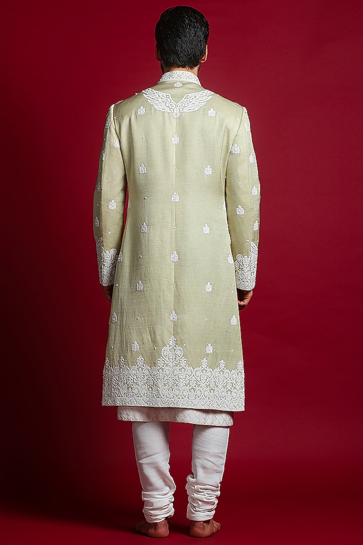 Mint Green Linen Silk Dori & Cutdana Embroidered Groom Sherwani Set by Char Chaand at Pernia's Pop Up Shop