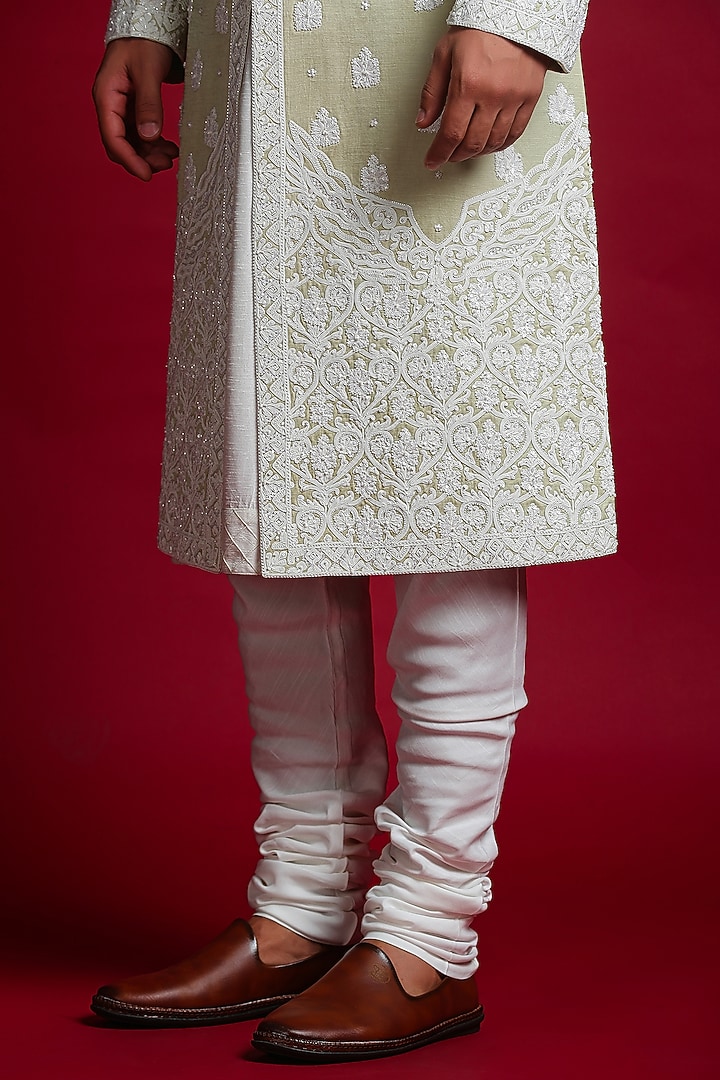 Mint Green Linen Silk Dori & Cutdana Embroidered Groom Sherwani Set by Char Chaand at Pernia's Pop Up Shop
