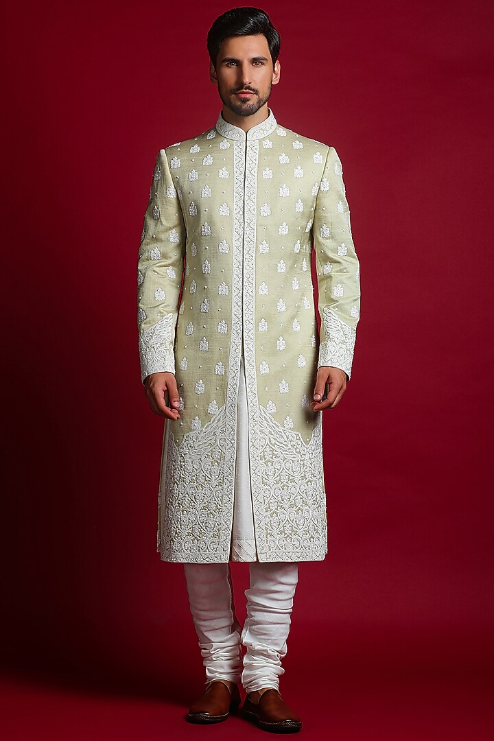 Mint Green Linen Silk Dori & Cutdana Embroidered Groom Sherwani Set by Char Chaand at Pernia's Pop Up Shop