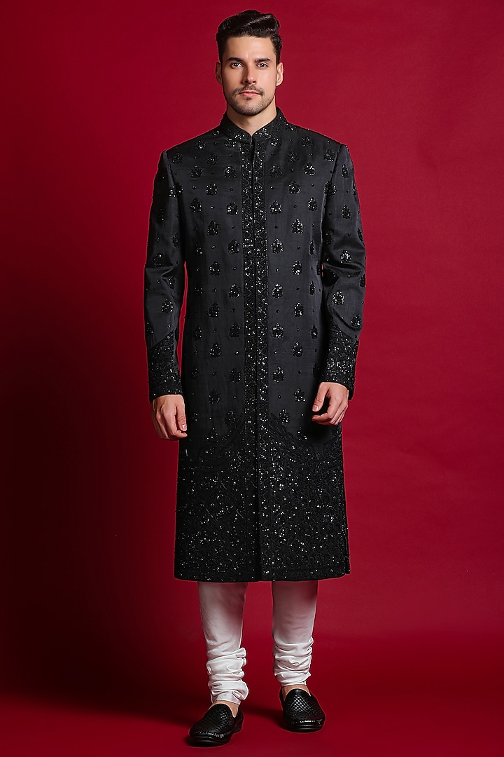 Black Linen Silk Dori & Cutdana Embroidered Sherwani Set by Char Chaand