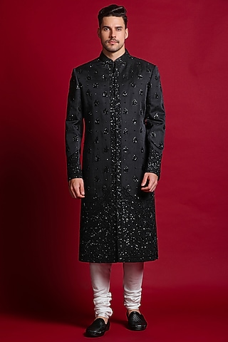 Black Linen Silk Dori & Cutdana Embroidered Sherwani Set by Char Chaand