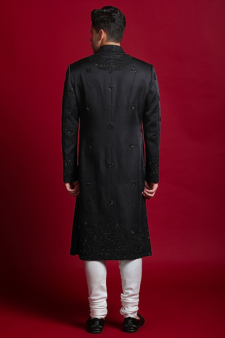 Black Linen Silk Dori & Cutdana Embroidered Wedding Sherwani Set by Char Chaand at Pernia's Pop Up Shop