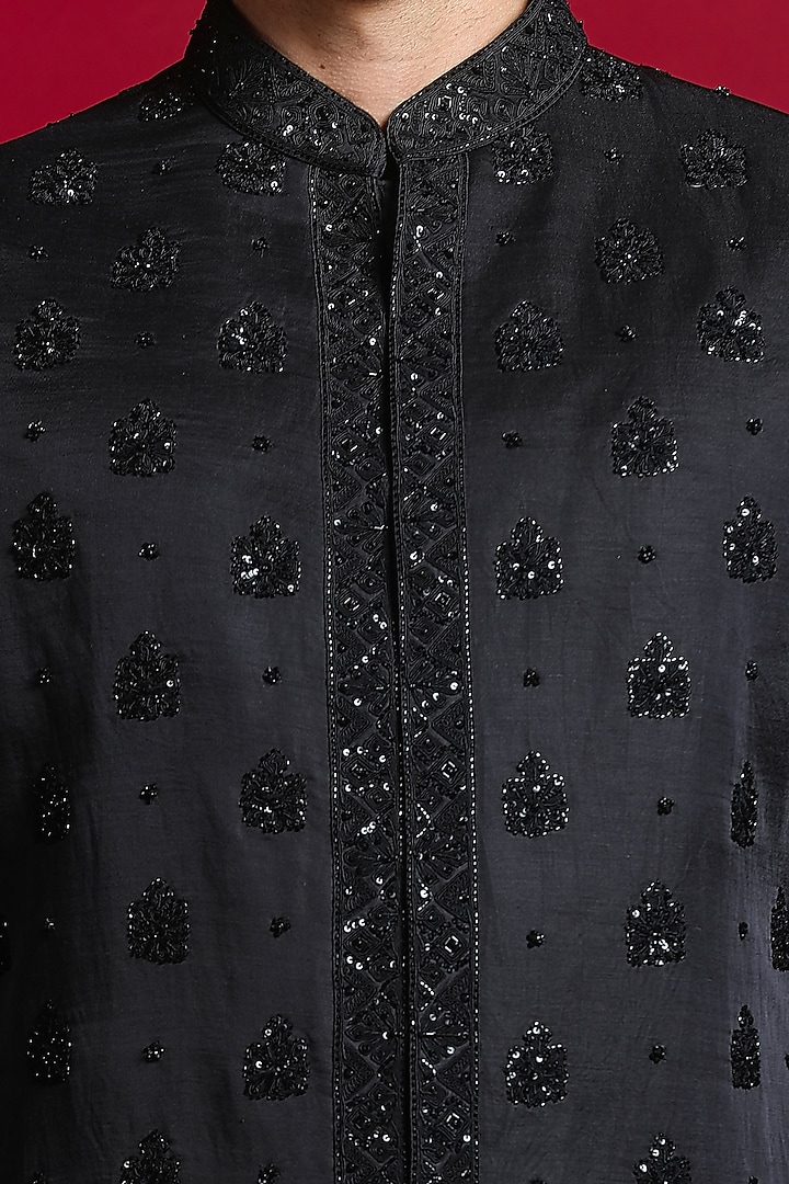 Black Linen Silk Dori & Cutdana Embroidered Wedding Sherwani Set by Char Chaand at Pernia's Pop Up Shop