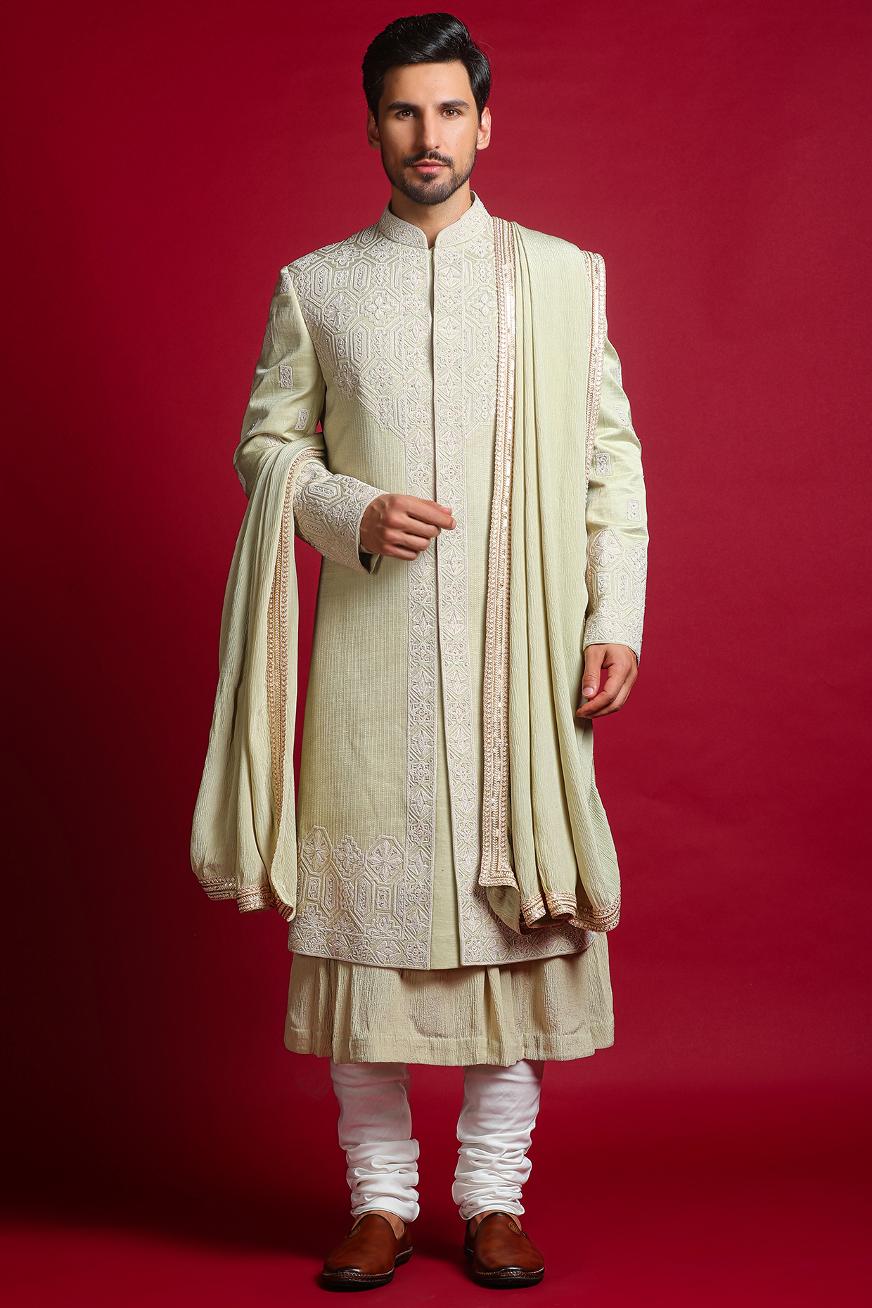 Pista Green Luxurious Linen Silk Sherwani Set by Char Chaand