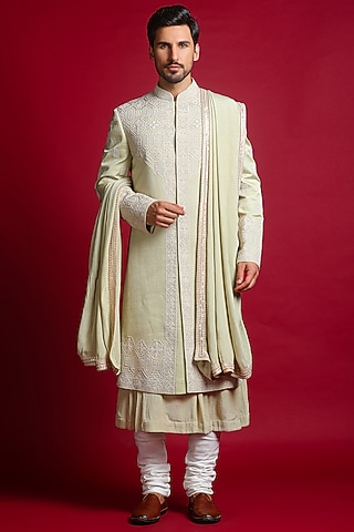 Pista Green Luxurious Linen Silk Sherwani Set by Char Chaand