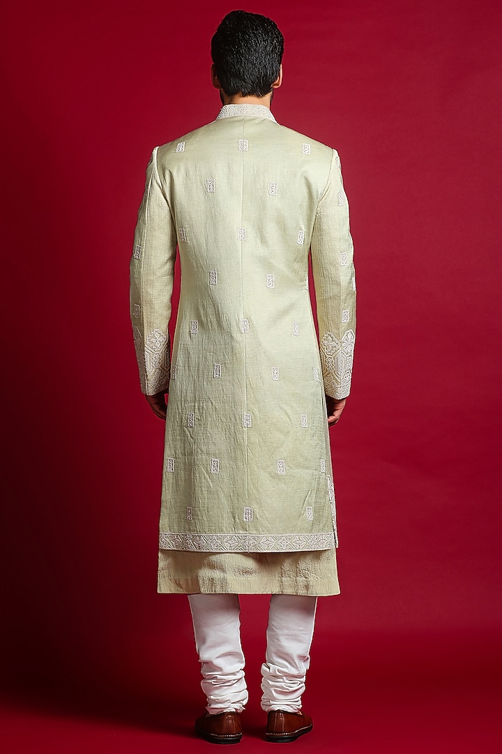 Pista Green Luxurious Linen Silk Wedding Sherwani Set by Char Chaand at Pernia's Pop Up Shop