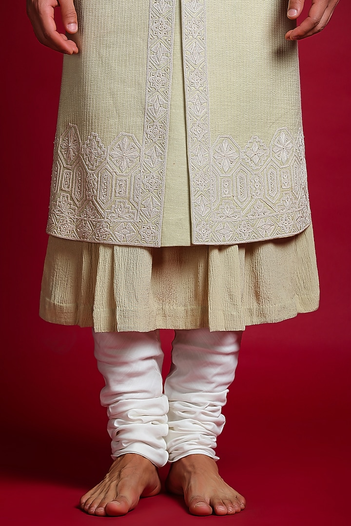 Pista Green Luxurious Linen Silk Wedding Sherwani Set by Char Chaand at Pernia's Pop Up Shop