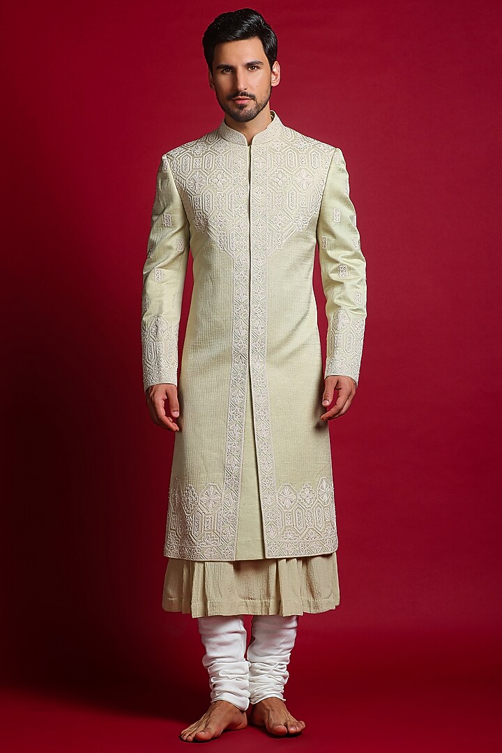 Pista Green Luxurious Linen Silk Wedding Sherwani Set by Char Chaand at Pernia's Pop Up Shop