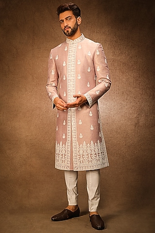 Lilac Satin Silk Resham Dori Embroidered Sherwani Set by Char Chaand