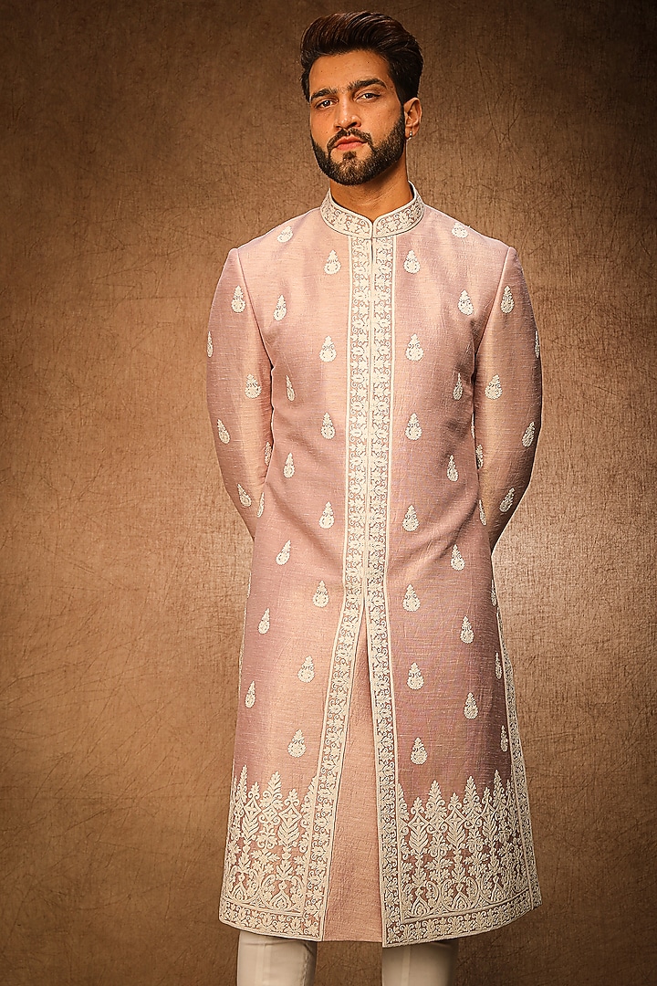 Lilac Satin Silk Resham Dori Embroidered Wedding Sherwani Set by Char Chaand at Pernia's Pop Up Shop