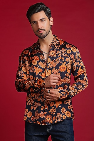 Black Satin Silk Floral Digital Printed Shirt by Char Chaand