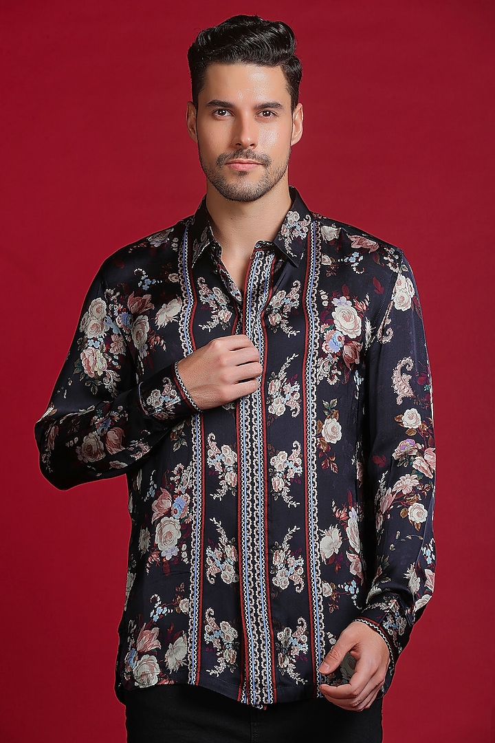 Black Satin Silk Floral Digital Printed Shirt by Char Chaand