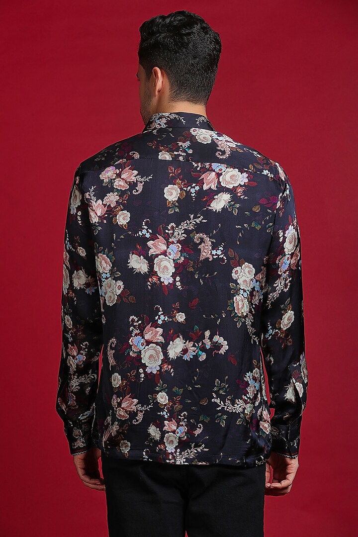 Black Satin Silk Floral Digital Printed Party Wear Shirt by Char Chaand at Pernia's Pop Up Shop