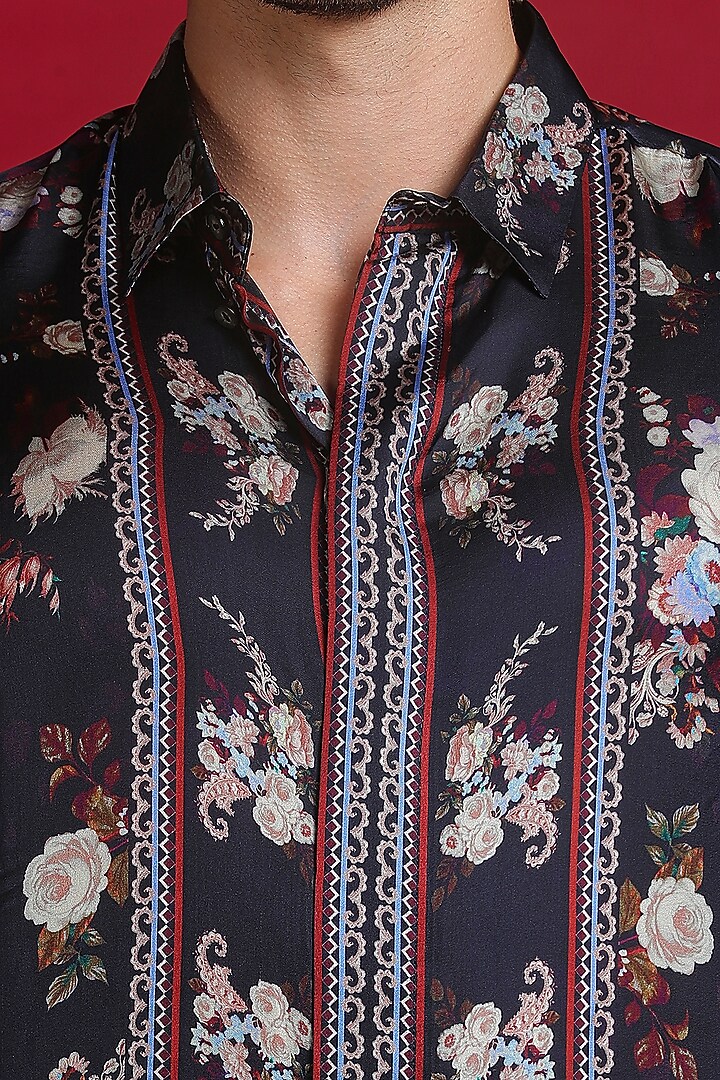 Black Satin Silk Floral Digital Printed Party Wear Shirt by Char Chaand at Pernia's Pop Up Shop