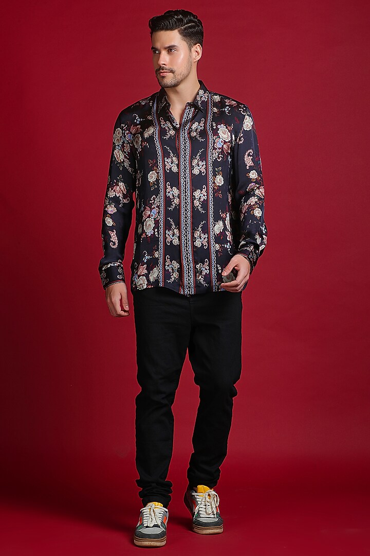 Black Satin Silk Floral Digital Printed Party Wear Shirt by Char Chaand at Pernia's Pop Up Shop
