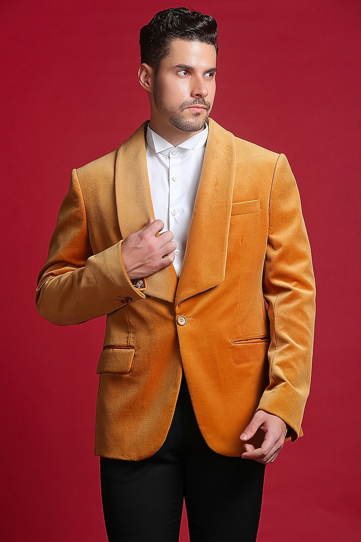 Orange Silk Velvet Tuxedo Jacket by Char Chaand