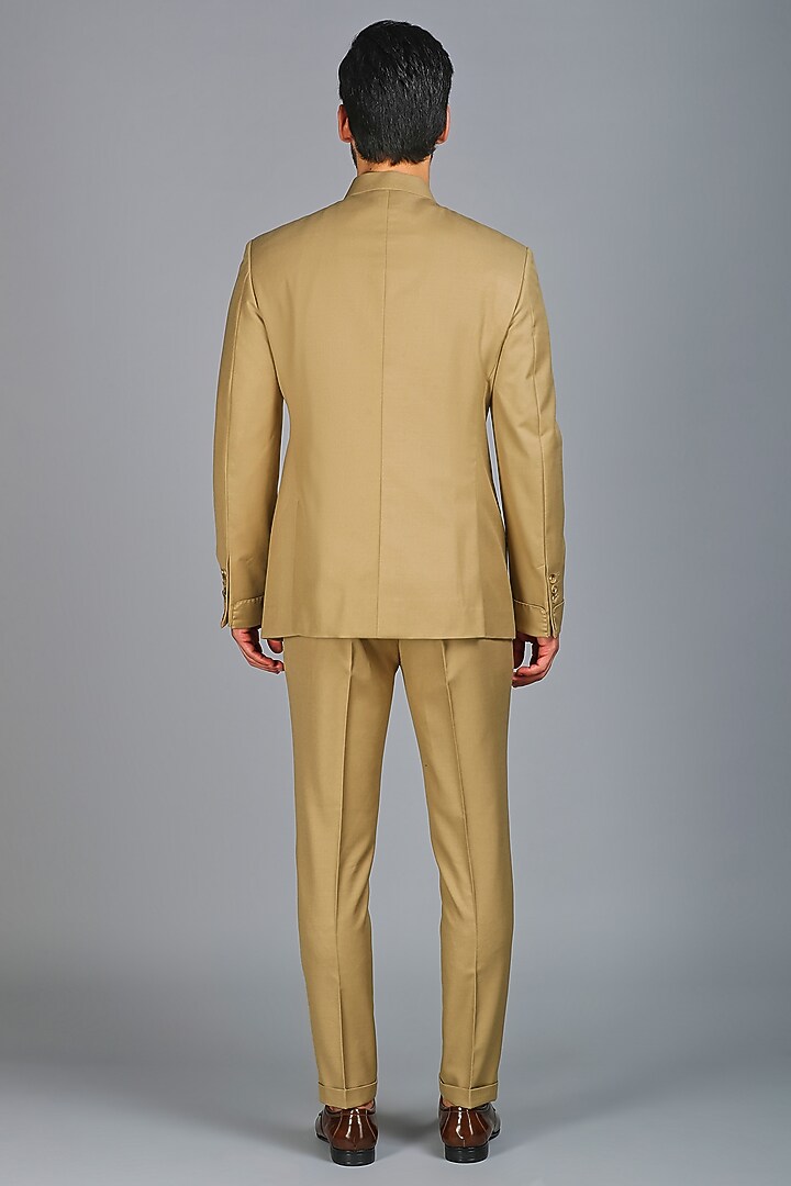 Khaki Wool Blend Wedding Bandhgala Set by Char Chaand at Pernia's Pop Up Shop