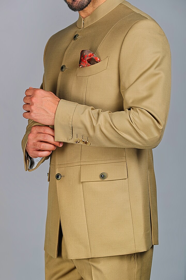 Khaki Wool Blend Wedding Bandhgala Set by Char Chaand at Pernia's Pop Up Shop