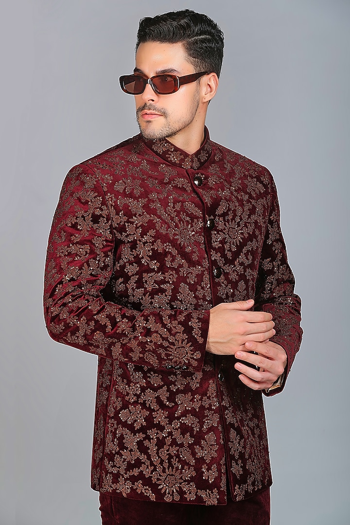 Maroon Velvet Silk Sequins & Thread Embroidered Groom Bandhgala Set by Char Chaand at Pernia's Pop Up Shop