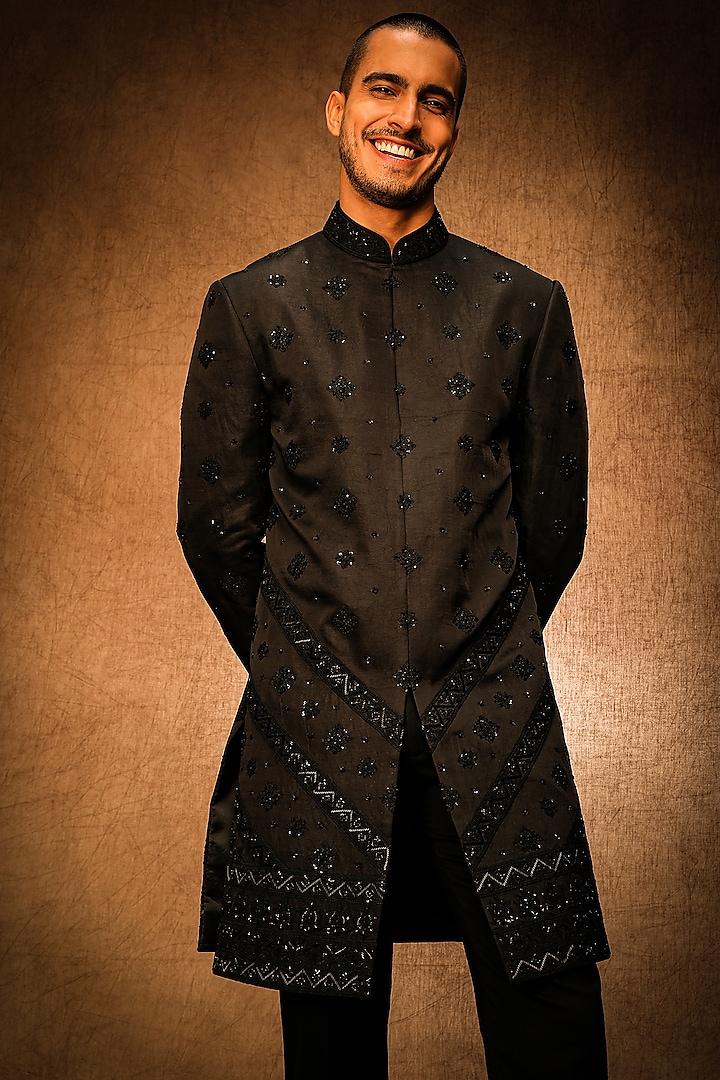 Black Linen Satin Dori & Sequins Embroidered Indo-Western Jacket by Char Chaand