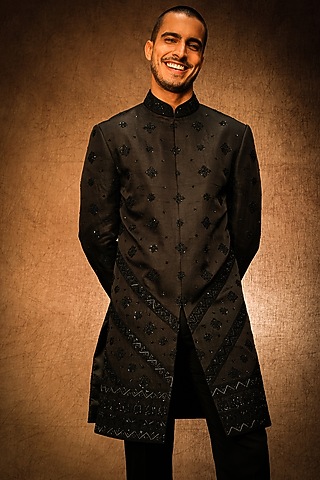 Black Linen Satin Dori & Sequins Embroidered Indo-Western Jacket by Char Chaand